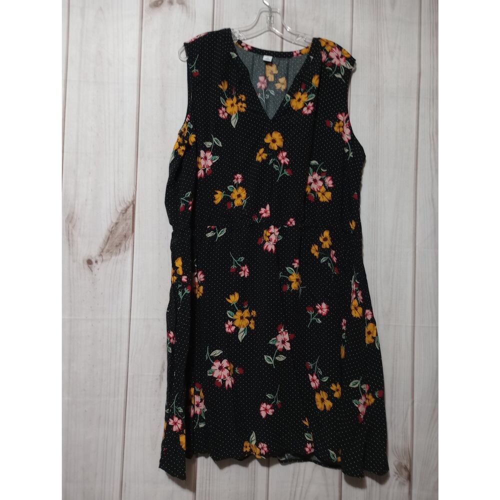 Old Navy Womens XXL Black Floral Polka‎ Dot Sleeveless V-Neck Rayon Dress